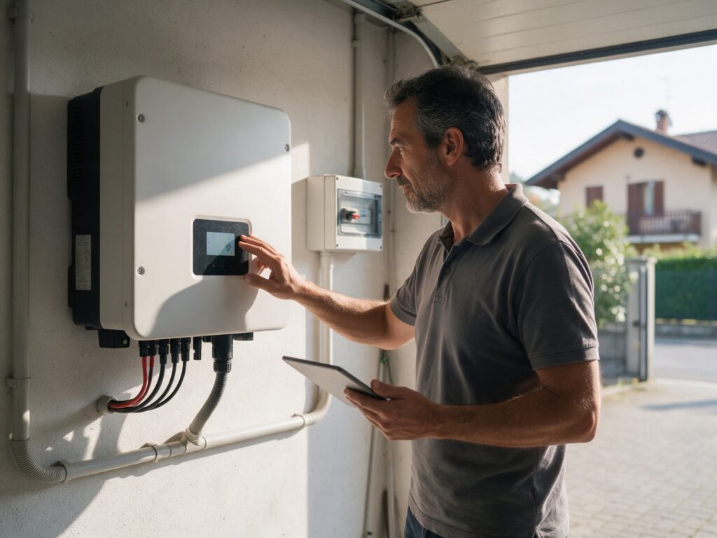 Tecnico al lavoro: riparazione inverter fotovoltaico a Torino